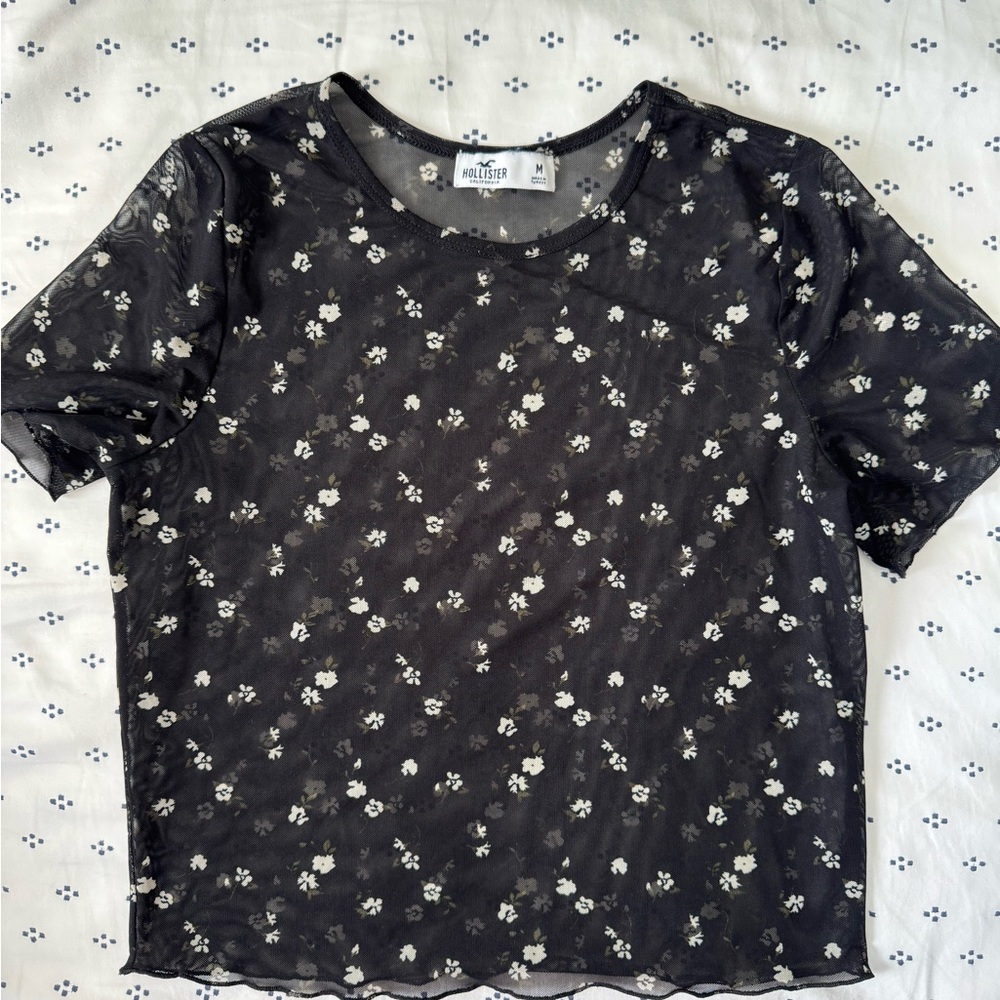 Hollister Black and White Floral Mesh Blouse